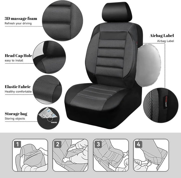 Leather Car Seat Covers with 3D Foam Back Support and Air Mesh