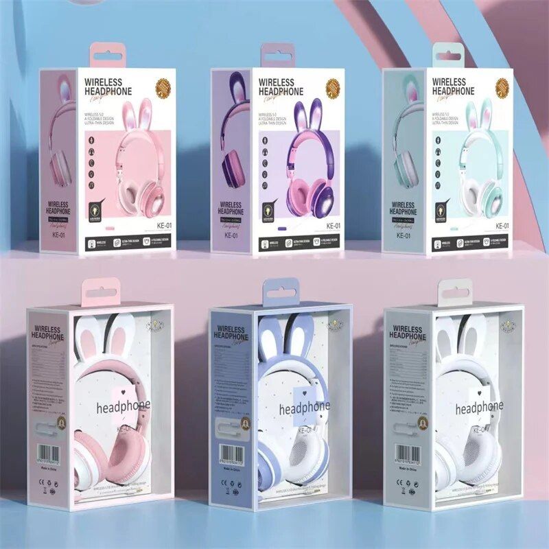 LED Bluetooth Rabbit Ear Headphones with Noise-Reduction Mic & TF Card Support