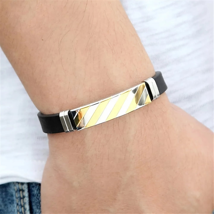 Geometric Stripe Stainless Steel and Silicone Cuff Bracelet