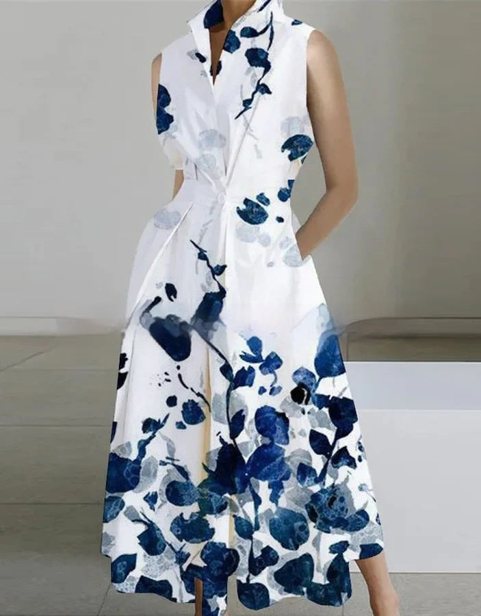 Stand-up Collar Cinched Pocket Printing Mid-length Temperament Dress