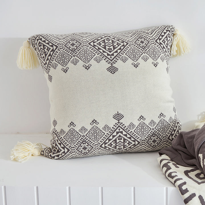 Nordic Knitted Gray Stripe Pillow Cover with Tassel Design