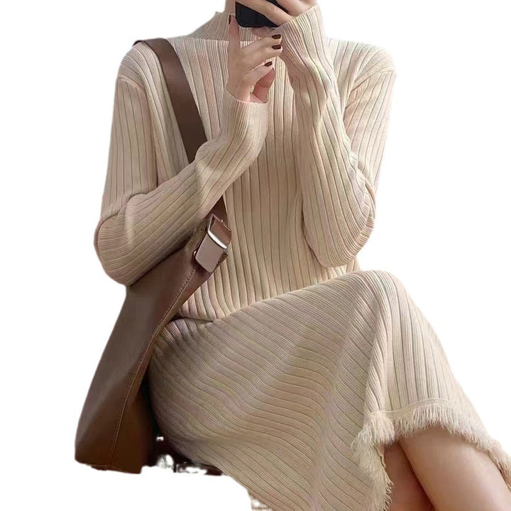 Mock Neck Sweater Women's Mid-length Below-the-knee Coat Base Ride Tassel Knitted