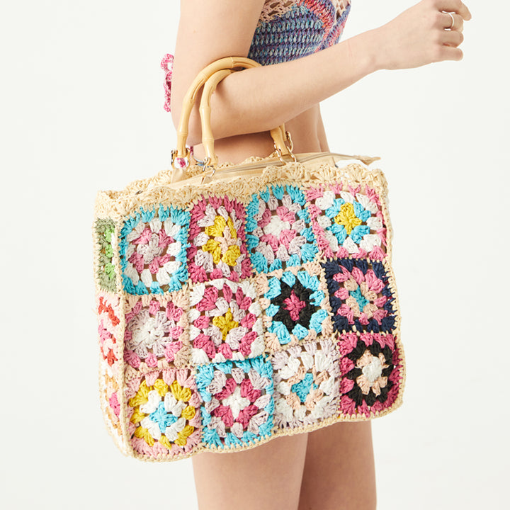 Bohemian Floral Tote Bag with Bamboo Handles