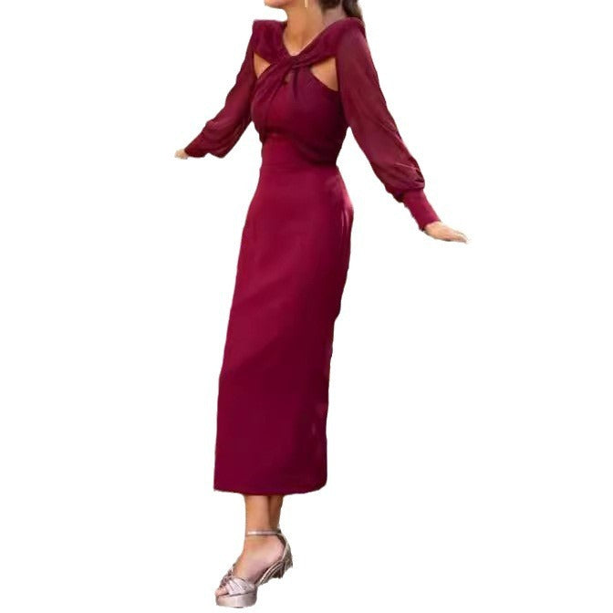 European And American Elegant Solid Color Hollow Twist Stitching Long Sleeve Slim Fit Dress