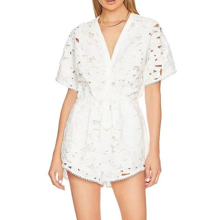 Elegant Embroidered Hollow-Out Playsuit