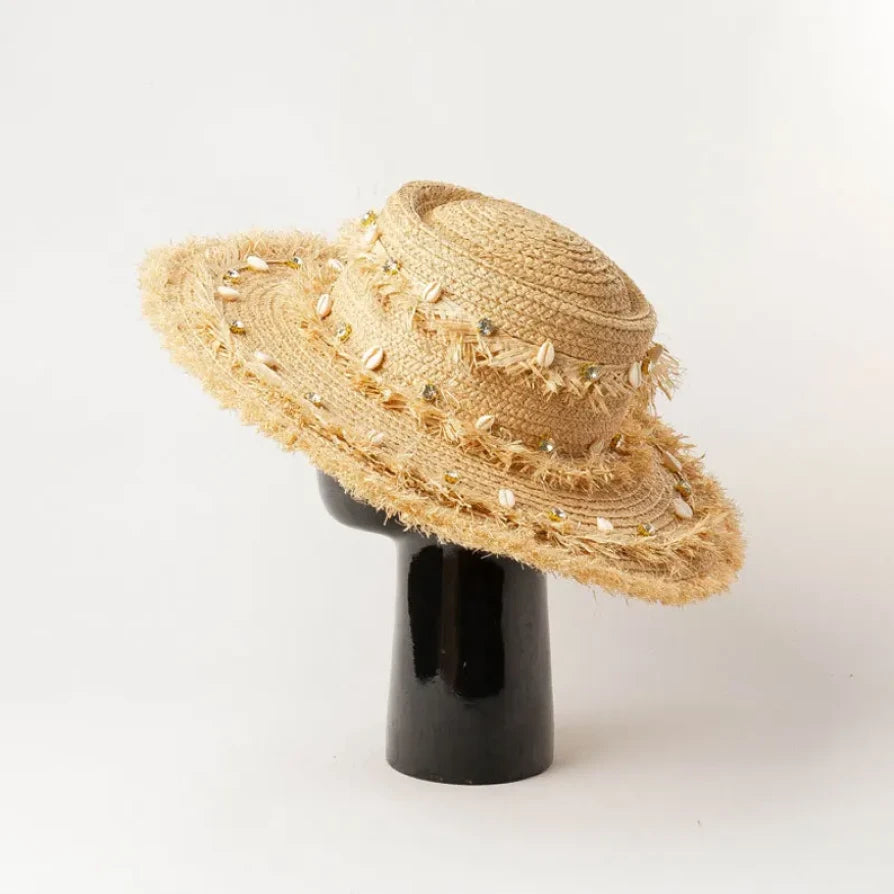 Raffia Sun Hat with Shell Accents