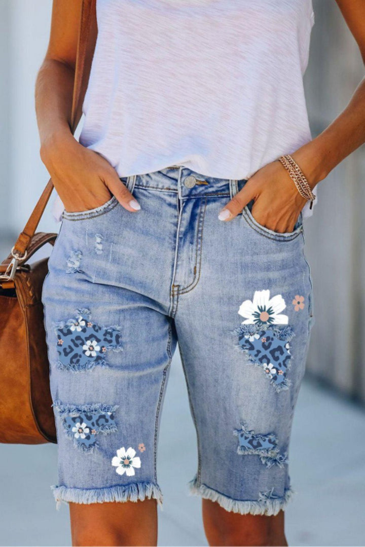 Women's Ripped Print Denim Shorts