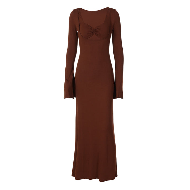 U-shaped Collar Long Sleeve Waist-tight Maxi Dress