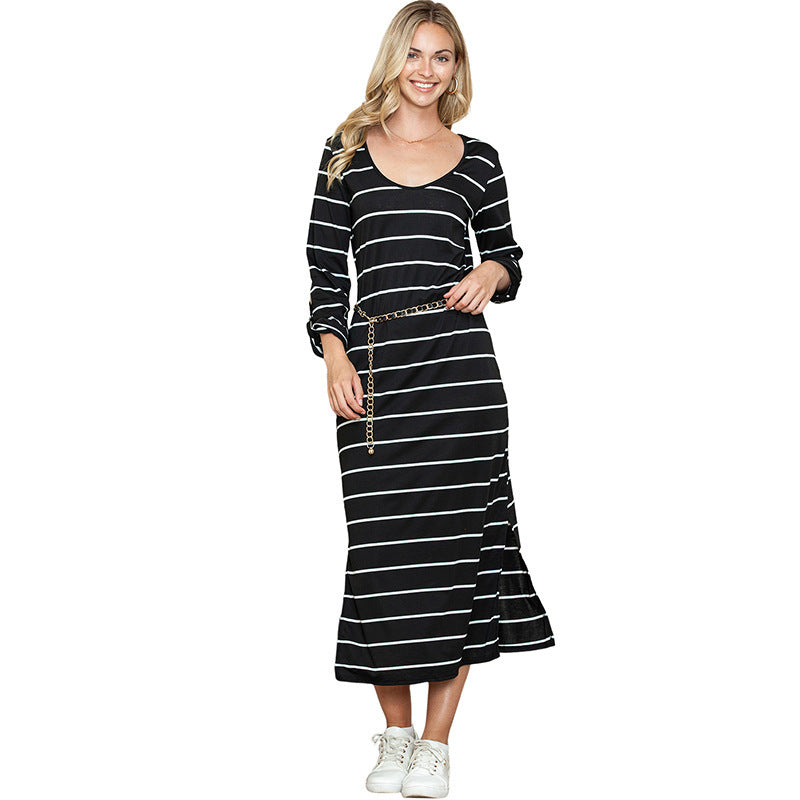 Long Sleeve Striped Printed All-matching Casual Style Pullover Dress