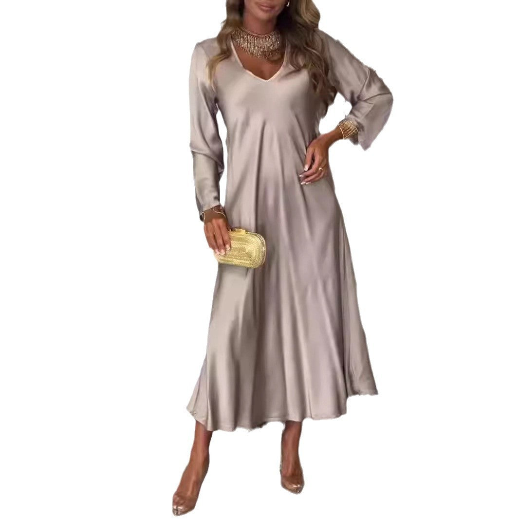 Ladies New V-neck Long Sleeve Autumn Solid Color Dress