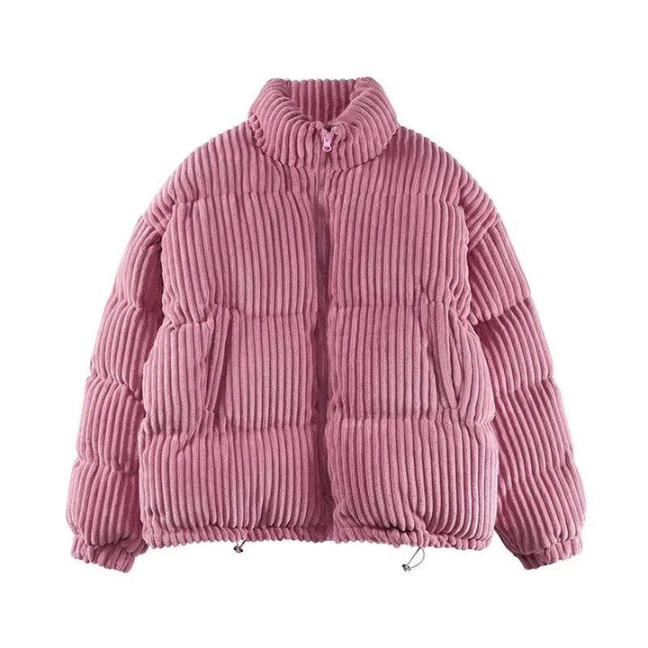 Pink Striped Corduroy Women Turtleneck Puffer Jacket