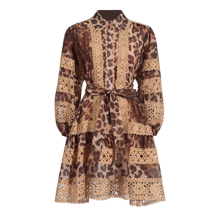 Long Sleeve Hollow Leopard Print Dress Women