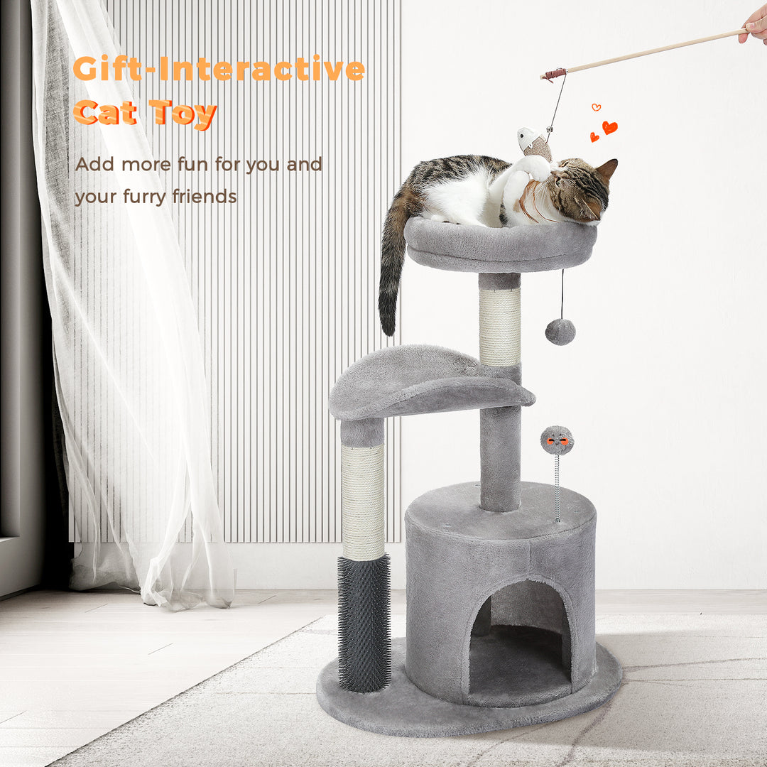 Cat Tree Condo with Self-Grooming Brush & Scratching Post for Active Kittens and Cats