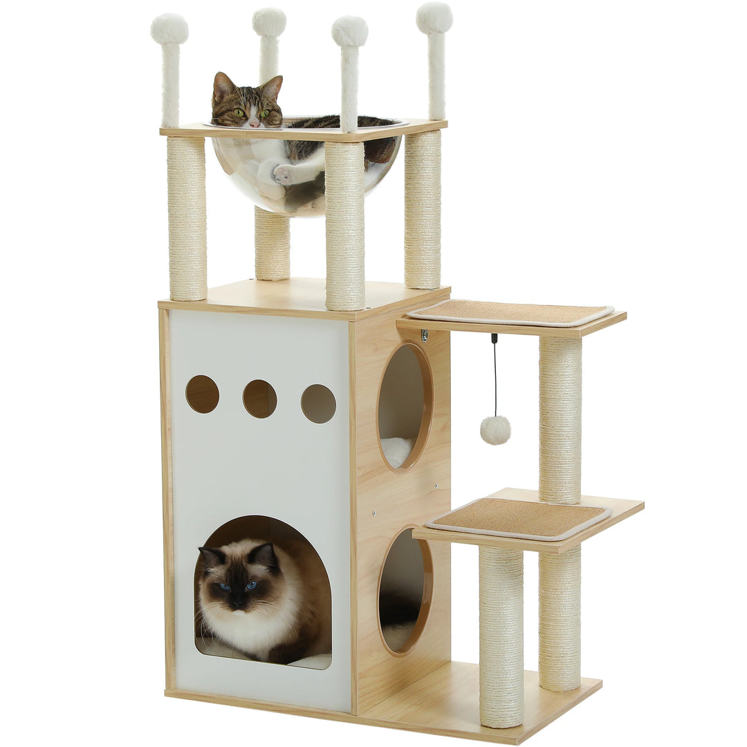 Modern Wooden Cat Tree Tower with 2-Floor Condo, Scratching Posts