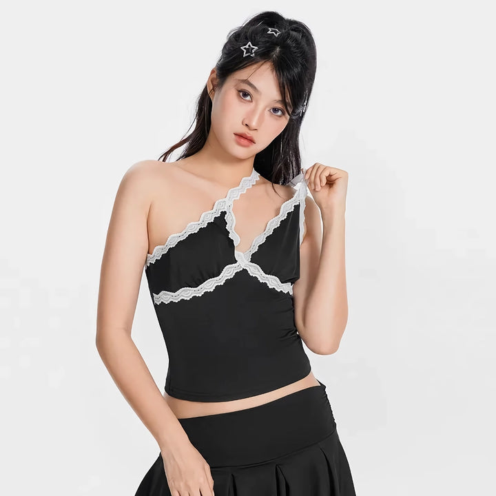 Summer Lace Trim Camisole Asymmetric Top