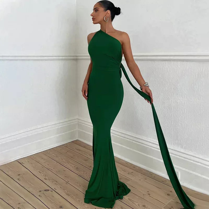 Townlike Inclined Shoulder Elegant Maxi Long Dress