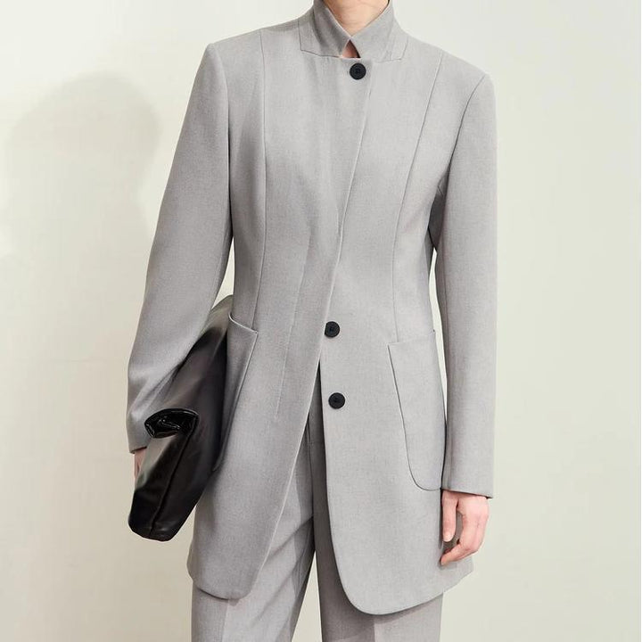 Women's Autumn Slim Tailored Coat with Stand Collar and Shoulder Pads