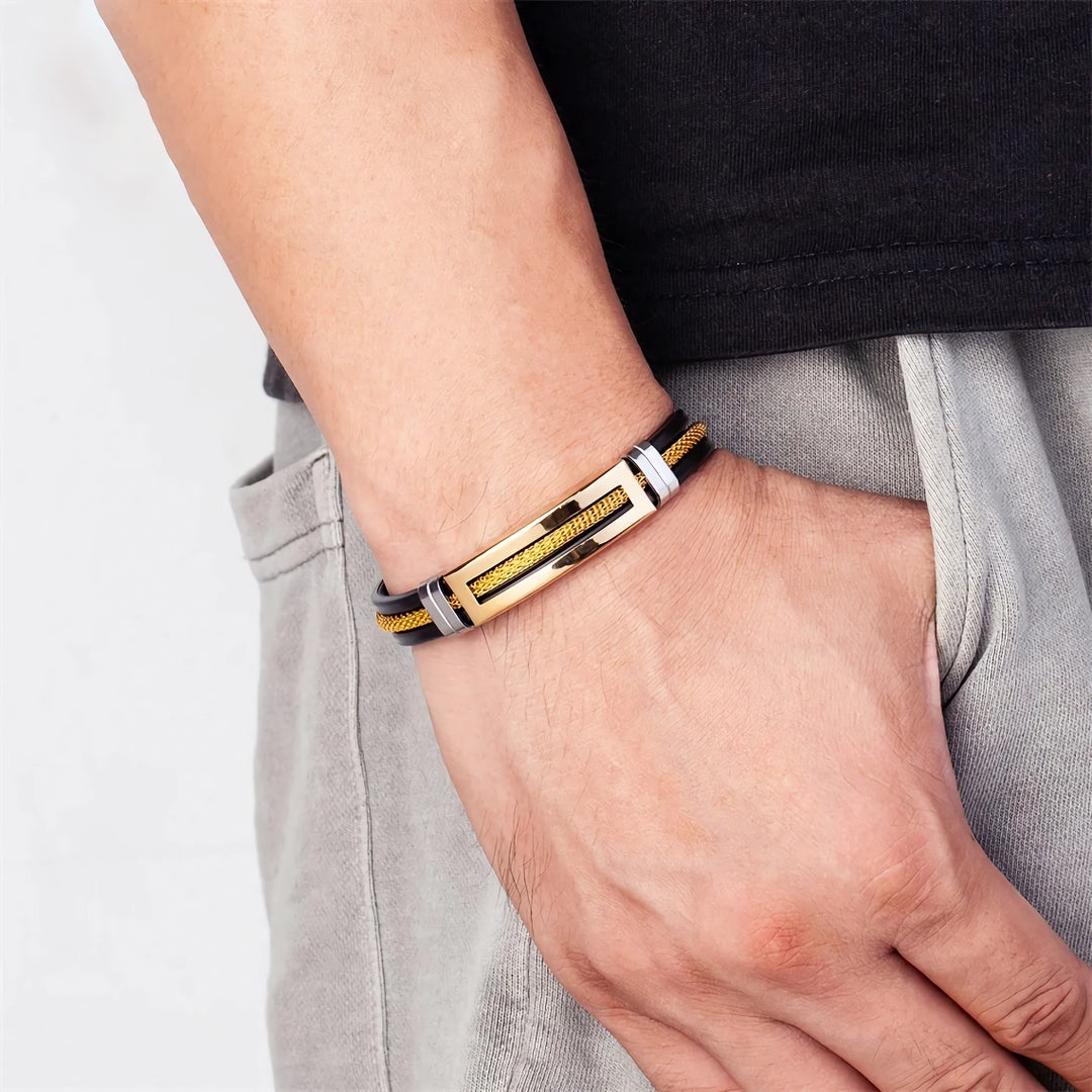 Men's Stainless Steel and Silicone Bracelet with Golden Chain