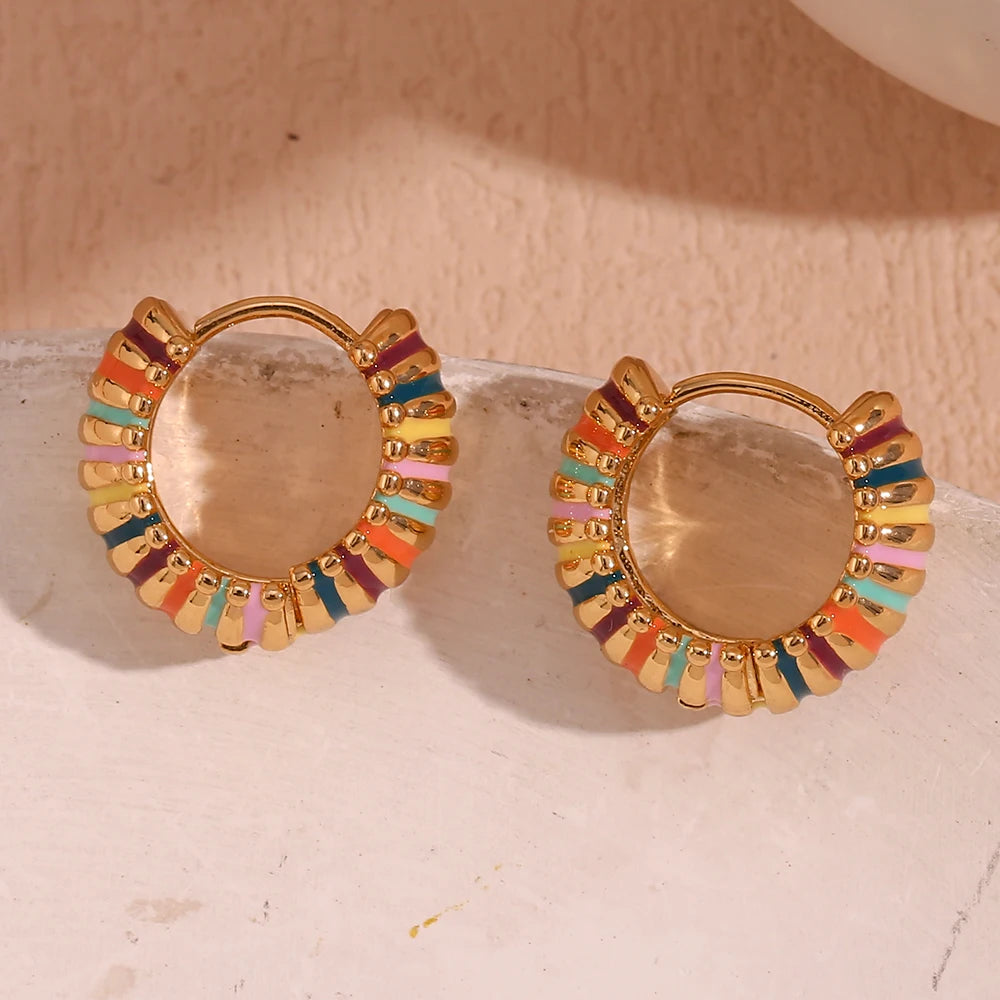 Colorful Hypoallergenic Enamel Circle Textured Hoop Earrings – Gold Plated Stainless Steel