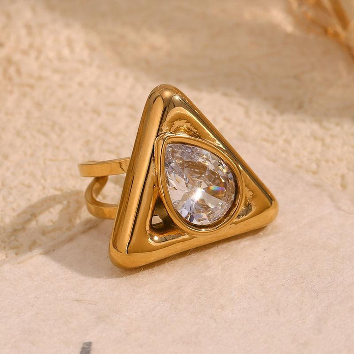 18k Gold Plated Rhinestone Triangle Adjustable Ring - Tarnish Free Stainless Steel