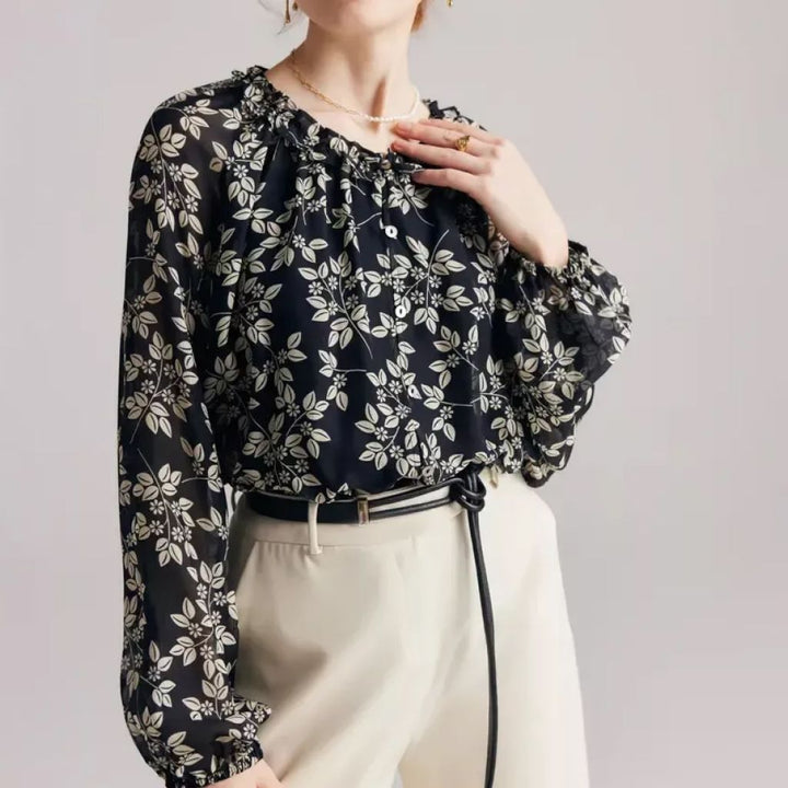 Floral Ruffle Silk-Blend Casual Blouse