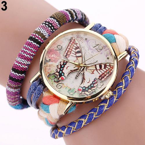 Women Ethnic Style Multilayer Knitted Strap Butterfly Dial Bracelet Quartz Wrist Watch - MRSLM