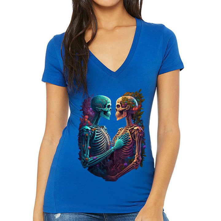 Skeleton Couple Women's V-Neck T-Shirt - Floral V-Neck Tee - Printed T-Shirt - MRSLM