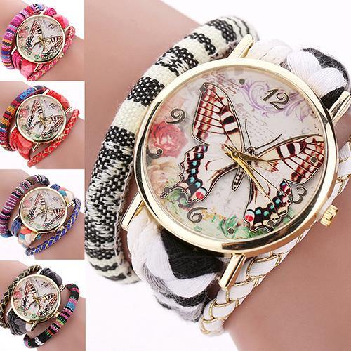 Women Ethnic Style Multilayer Knitted Strap Butterfly Dial Bracelet Quartz Wrist Watch - MRSLM