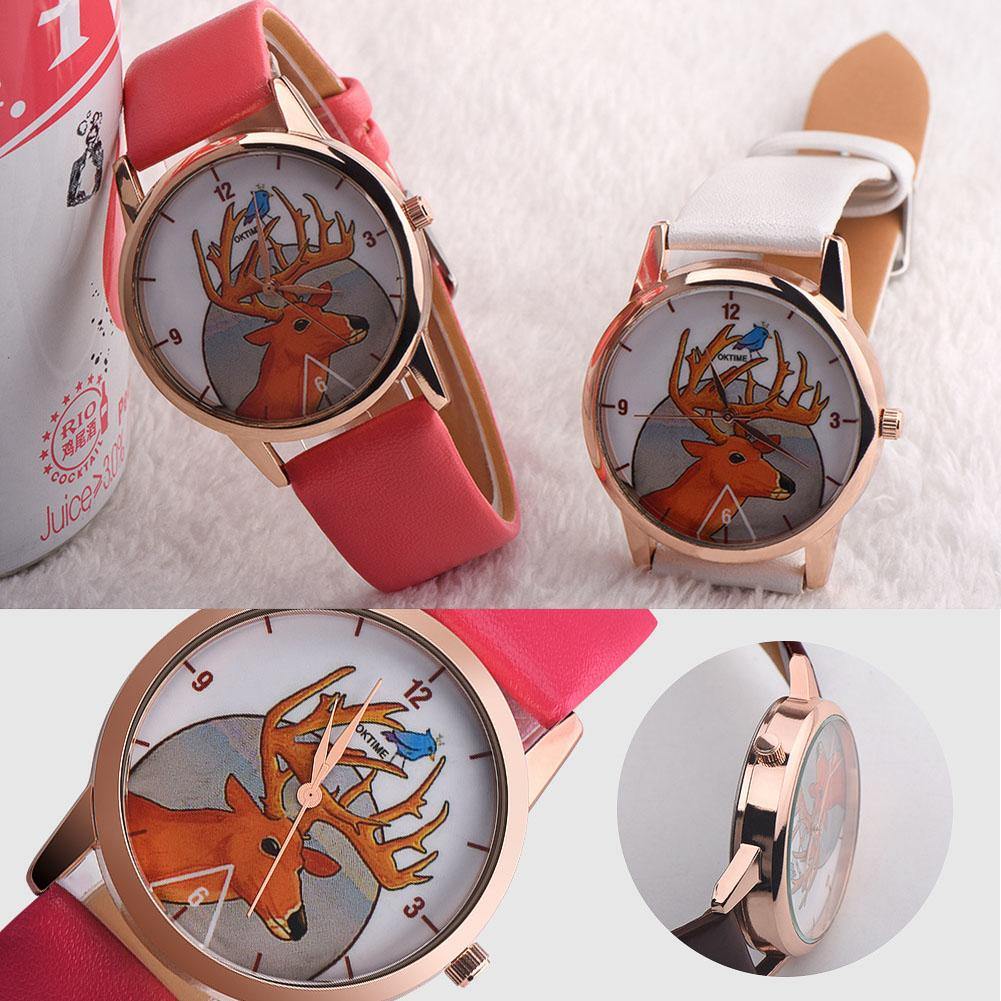 Fashion Christmas Deer Faux Leather Band Quartz Analog Wrist Watch Student Gift - MRSLM