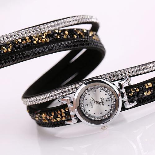 Women Fashion Multilayer Rhinestone Faux Leather Strap Bracelet Wrist Watch - MRSLM