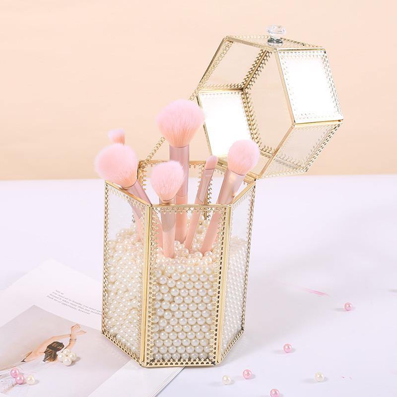 Geometric Glass Makeup Brush Jewelry Box Holder Makeup Organizer Desktop Cosmetic Storage Box Pearls Barrel - MRSLM