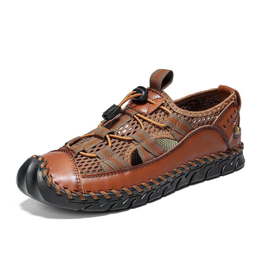 Men Cowhide Leather Hand Stitching Mesh Breathable Soft Bottom Casual Outdoor Sandals - MRSLM