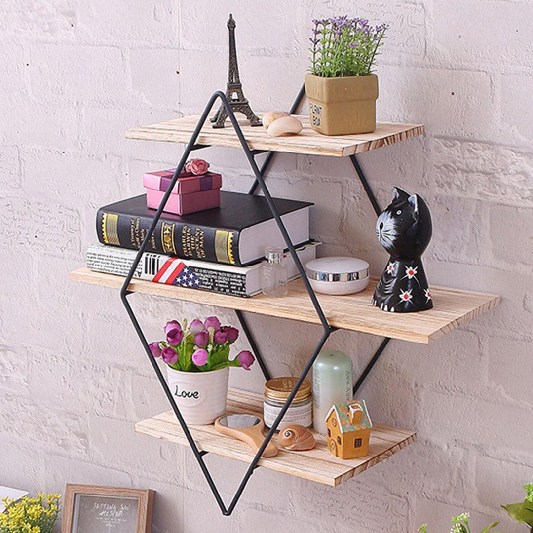 50x50x19cm Retro Rhombus Wood Iron Craft Wall Shelf Rack Storage Industrial Style Decorations - MRSLM