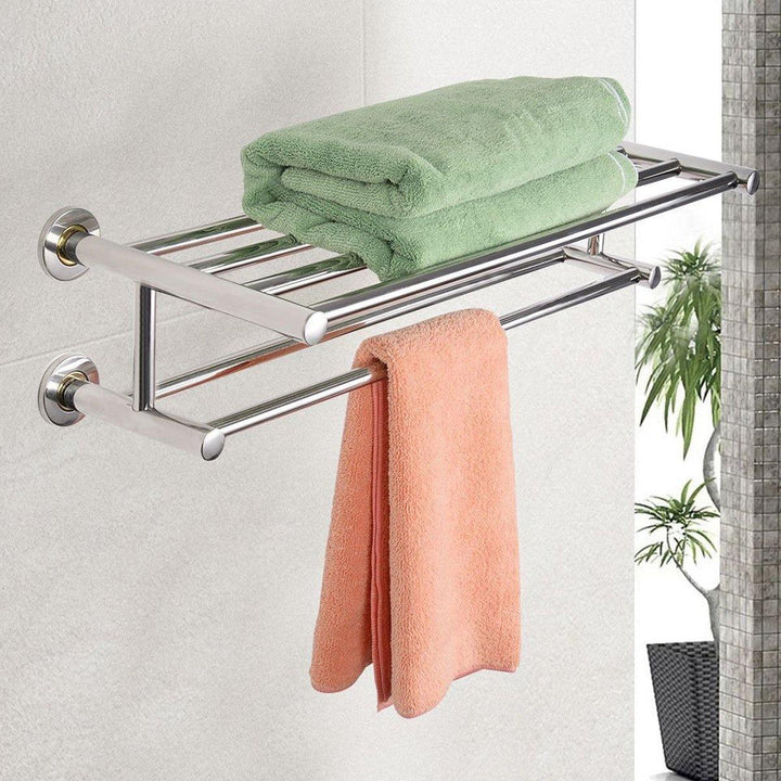 304 Stainless Steel Double Tiers Towel Rail Rack Shelf Wall Mounted Bathroom - MRSLM