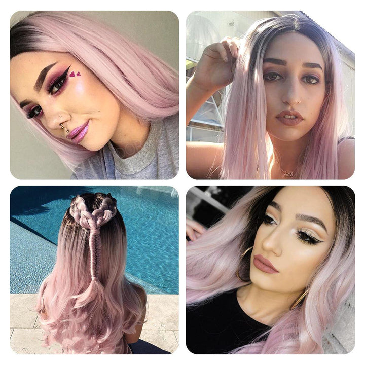 24 Inch T Pink Wig Front Lace Chemical Fiber Wig ladies high temperature silk half hand hook big curly hair - MRSLM