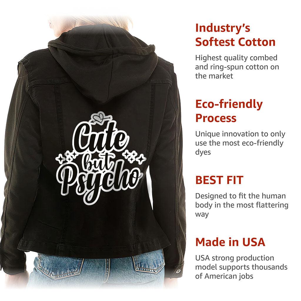 Cute but Psycho Ladies Denim Jacket with Fleece Hoodie - Cool Women's Denim Jacket - Cute Design Denim Jacket - MRSLM