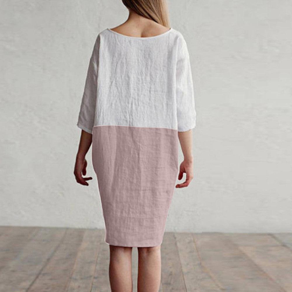 Splicing half-sleeved cotton and linen dress - MRSLM