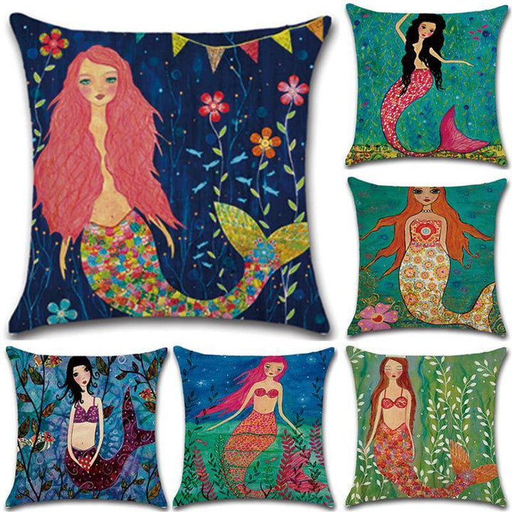 Mermaid Printed Cotton Linen Cushion Cover Square Home Decor Soft Comfortable Pillow Case - MRSLM