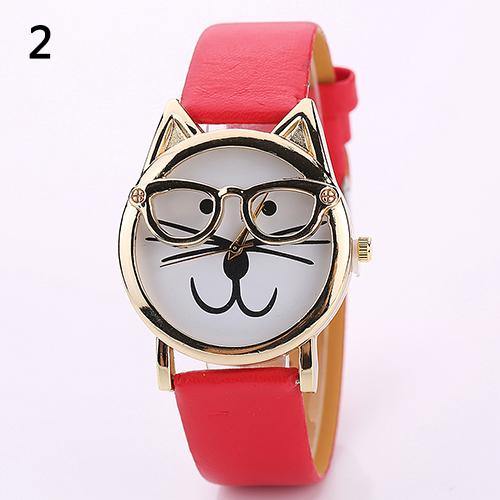 Unisex Fashion Faux Leather Band Cute Glasses Cat Case Analog Quartz Wrist Watch - MRSLM