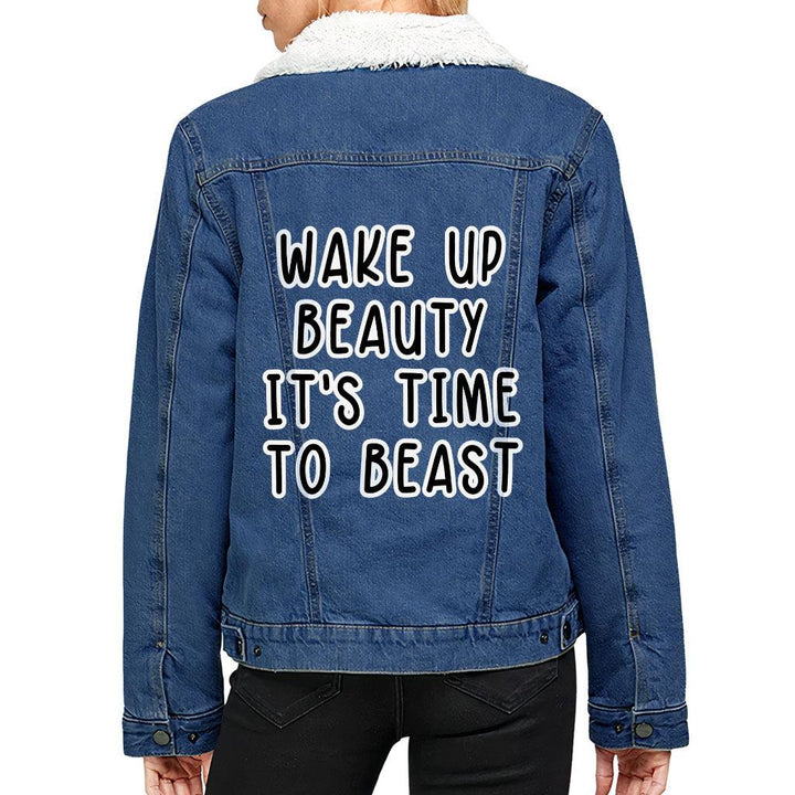 Wake Up Beauty It's Time to Beast Women's Sherpa Denim Jacket - Funny Ladies Denim Jacket - Quote Denim Jacket - MRSLM