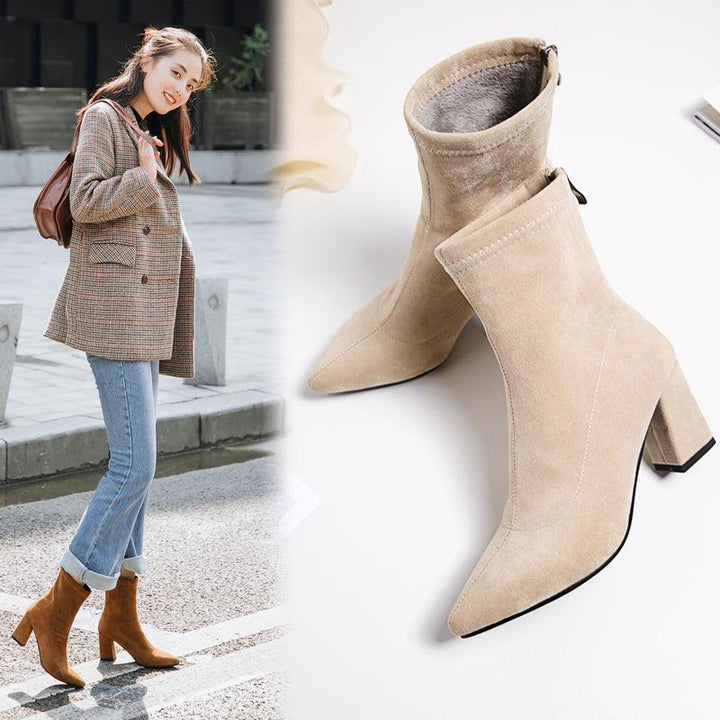 Women's Ankle Winter High-heeled Mid-tube Pointed Toe Thick-heeled Martin Boots - MRSLM