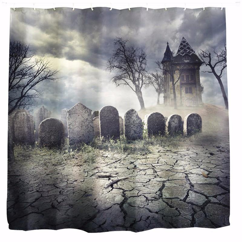 180x180cm Halloween Haunted House Polyester Shower Curtain Bathroom Decor with 12 Hooks - MRSLM