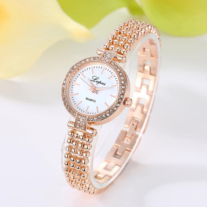 Lady Fashion Rhinestone Inlaid Slim Mesh Band Business Quartz Analog Wrist Watch - MRSLM