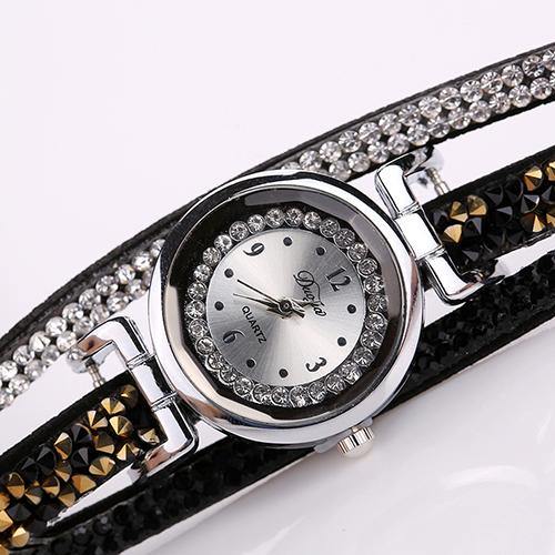 Women Fashion Multilayer Rhinestone Faux Leather Strap Bracelet Wrist Watch - MRSLM