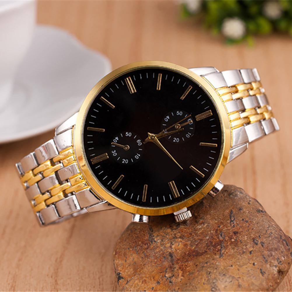 Men Business Big Round Simple Dial Stainless Steel Analog Quartz Wrist Watch - MRSLM