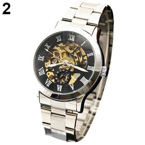 Luxury Men's Roman Numerals Tungsten Steel Mechanical Skeleton Wrist Watch - MRSLM