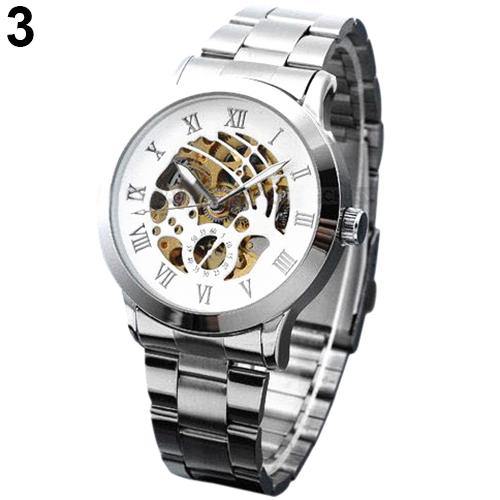 Luxury Men's Roman Numerals Tungsten Steel Mechanical Skeleton Wrist Watch - MRSLM