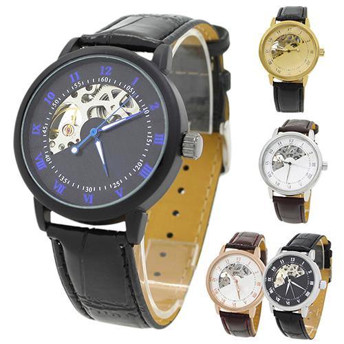 Men's Mechanical Hollow Dial Faux Leather Band Arabic Numerals Wrist Watch - MRSLM