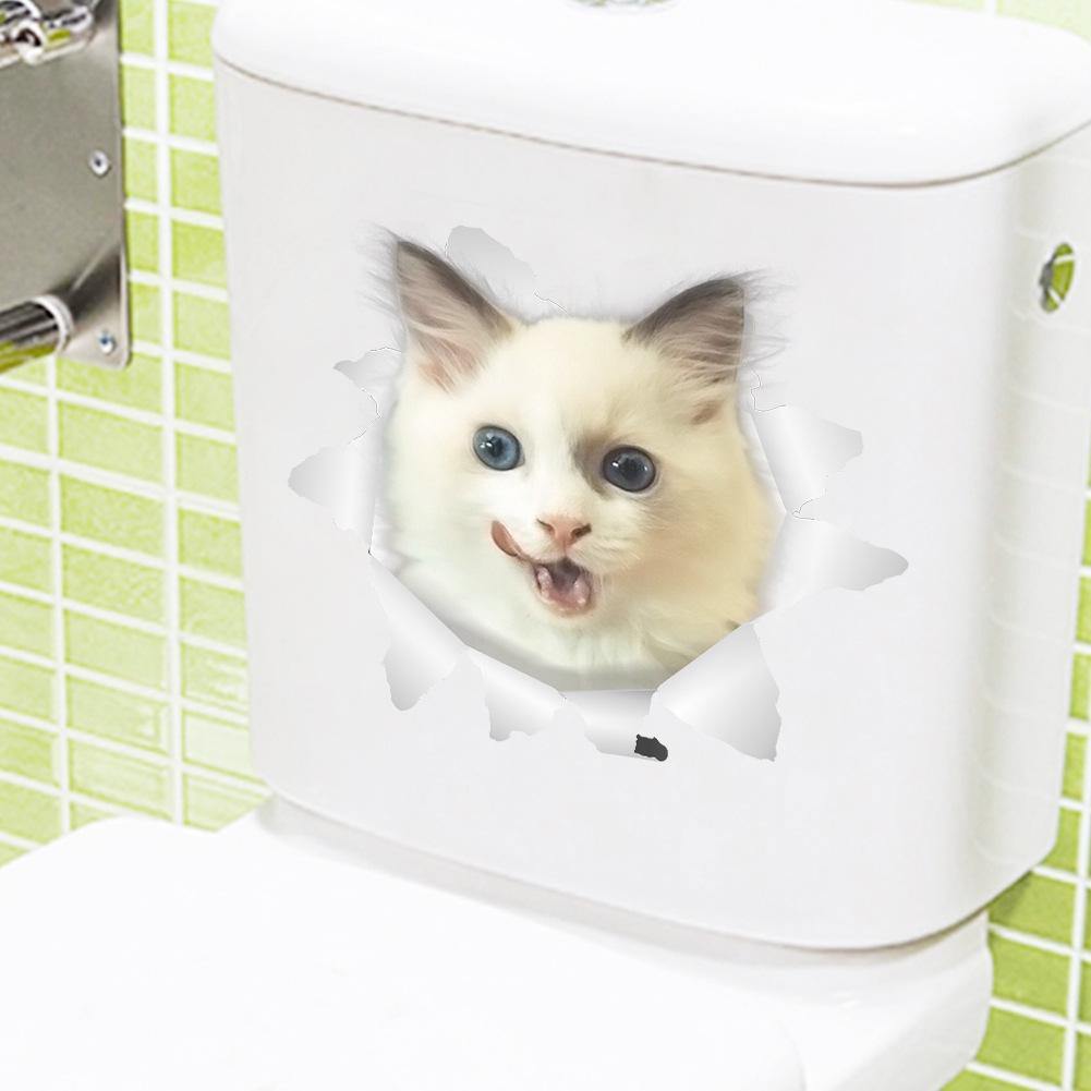 3D Cute Cat Wall Art Sticker Bathroom Toilet Lid Cover Decal Home Office Decor - MRSLM