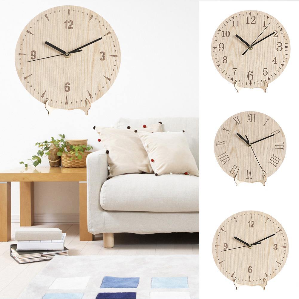 Retro Round Numbers Wooden Desktop Analog Clock Living Room Bedroom Home Decor - MRSLM